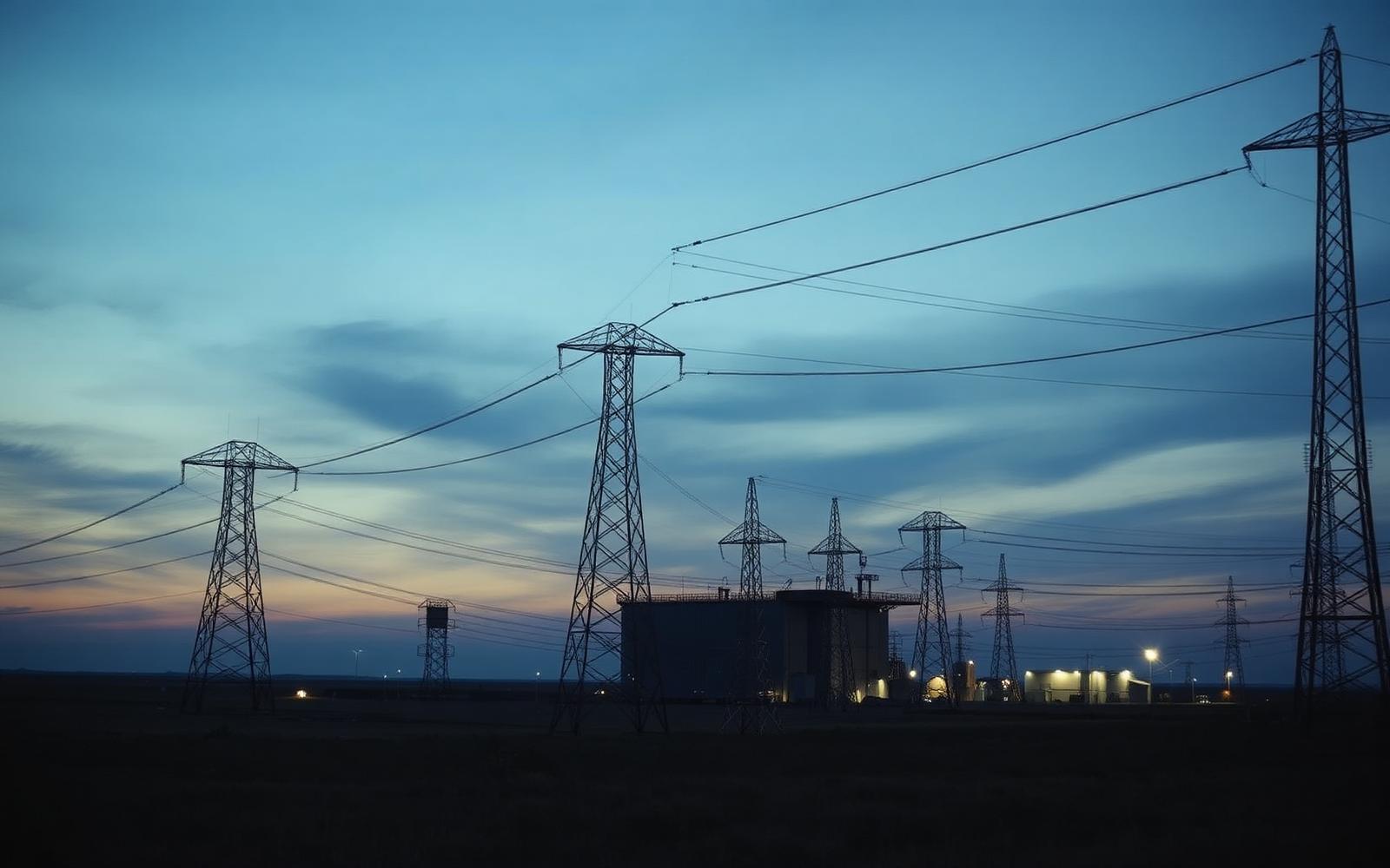 Transmission infrastructure across the steppe at dusk